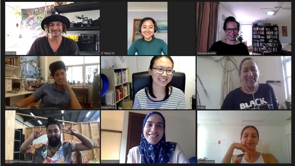 Zoom screenshot of all participants in the Collaborative Mentorship Initiative 'Welcome Session'. L-R from first row: Ryan Lee; Nancy Yu; Franchesca Cubillo; Sarra Tzijan; Helen Kwok; Megan Cope; Ramesh Mario Nithiyendran; Rusaila Bazlamit; and Justine Yo