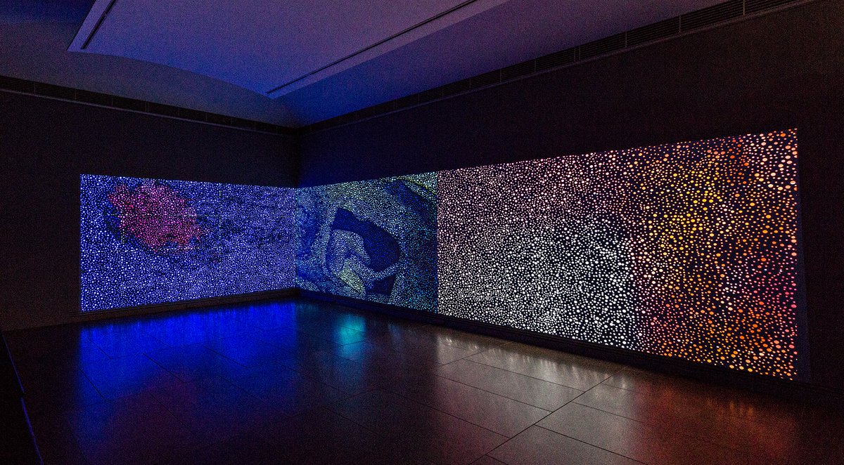 Photograph of an artwork projected on floor to ceiling screens, coloured dots are visible on the screens