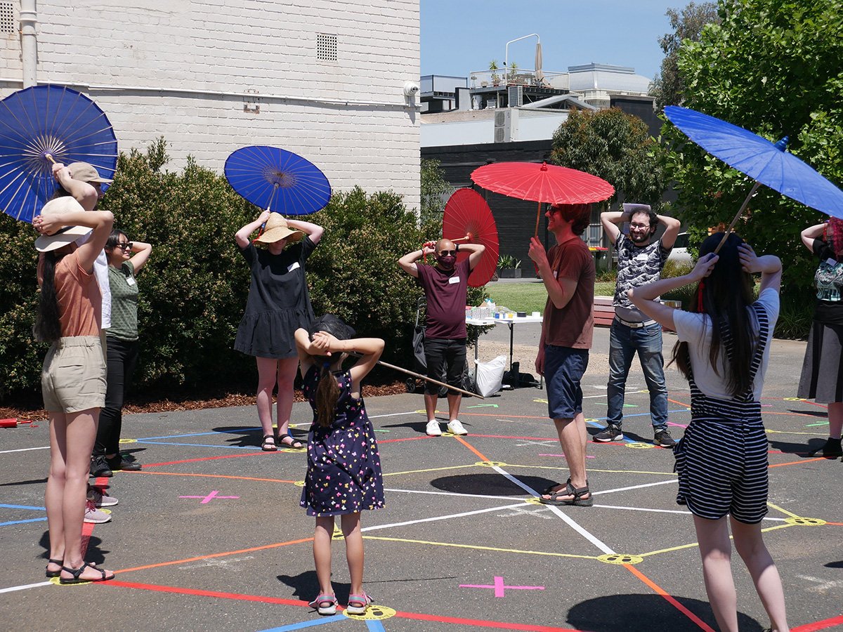 Photo of ten people taking part in playtesting session of a public participatory art installation