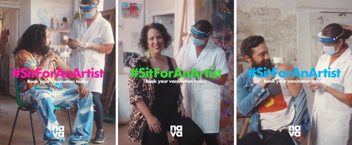 Three vertical images in art studio settings, a person in each one sitting with their shirt sleeve raised, a nurse is to the right hand side of each frame where a facesheild, disposable mask and a white lab coat. #SitForAnArtist floats over each image