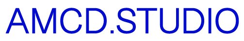 A logo of blue capitalised letters reading AMCD.STUDIO