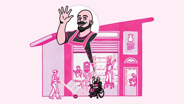 A graphic illustration in shades of pink and purple of a store selling craft wares. The people inside and outside of the store are working and shopping. The person in front in a wheelchair is smiling and waving.​​