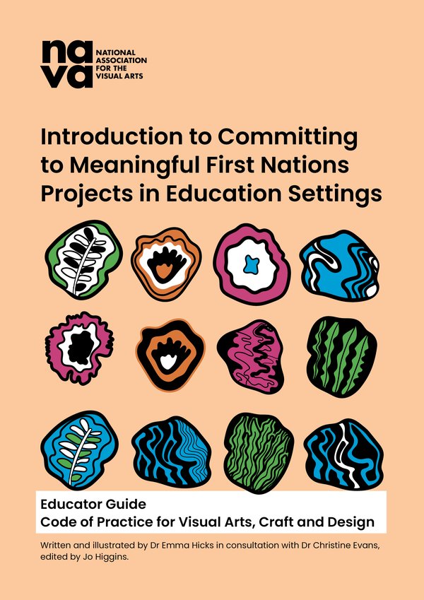 Title page with text Introduction to Committing to Meaningful First Nations Projects in Education Settings and an illustration of twelve oyster-shaped icons arranged in four rows on a pastel orange background