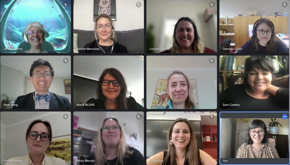 Screenshot of Zoom meeting with 12 people smiling on screen.