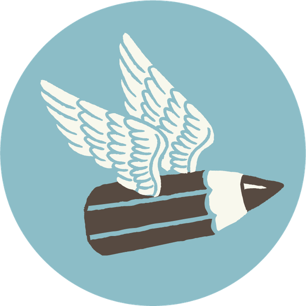 Blue circular logo design of a pencil with wings
