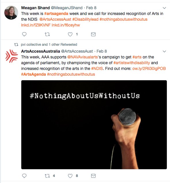 A screenshot of a Twitter posts by Meagan Shand and Arts Access Australia 