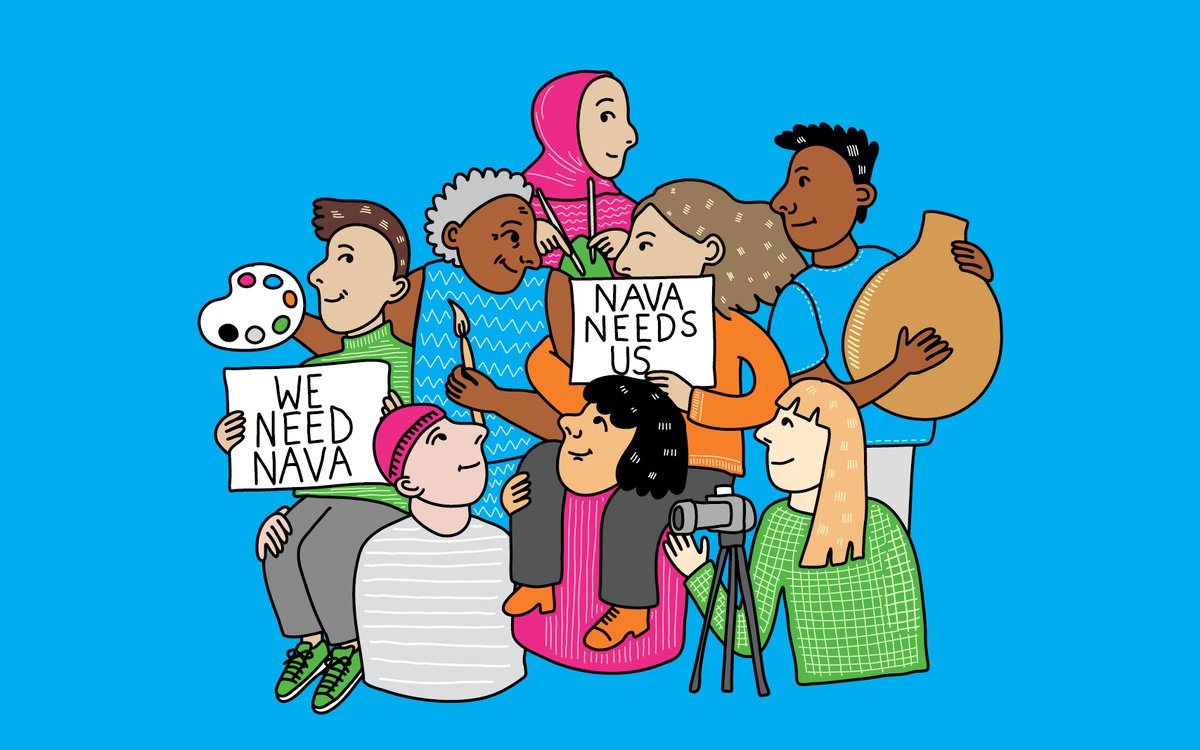 Illustration of eight artists holding various art tools, one artist is holding a white placard that reads 'WE NEED NAVA', while another's reads 'NAVA NEEDS US'