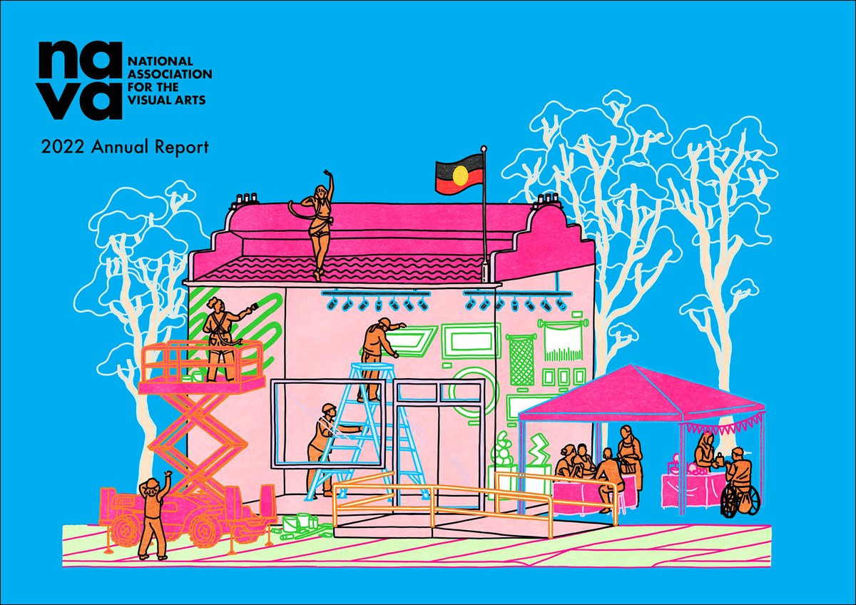A colourful graphic line illustration of trees, an art gallery and people all engaging in work related to the arts. The background is bright blue. Top left is the NAVA logo and the words 2022 Annual Report.