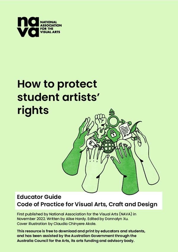 Front page of Educator Guide: How to protect student artists' rights. The cover is pastel green and includes an illustration by Claudia Chinyere Akole.