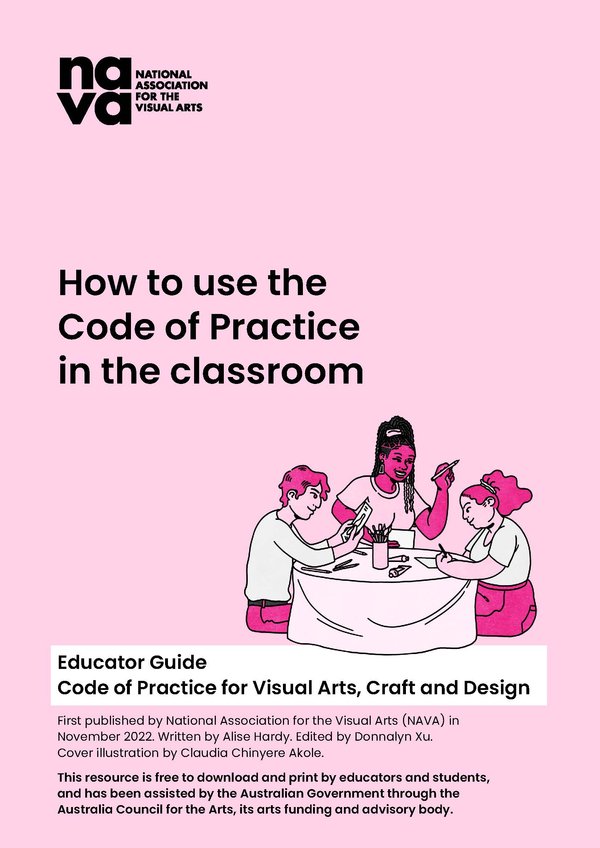 Front page of Educator Guide: How to use the Code of Practice in the classroom. The cover is pastel pink and includes an illustration by Claudia Chinyere Akole.