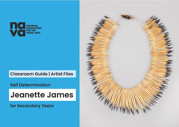 Cover of Classroom Guide about Self-Determination and Jeanette James. The background is sky blue and on the right is a work of art by Jeanette - a necklack made from echnida quills.