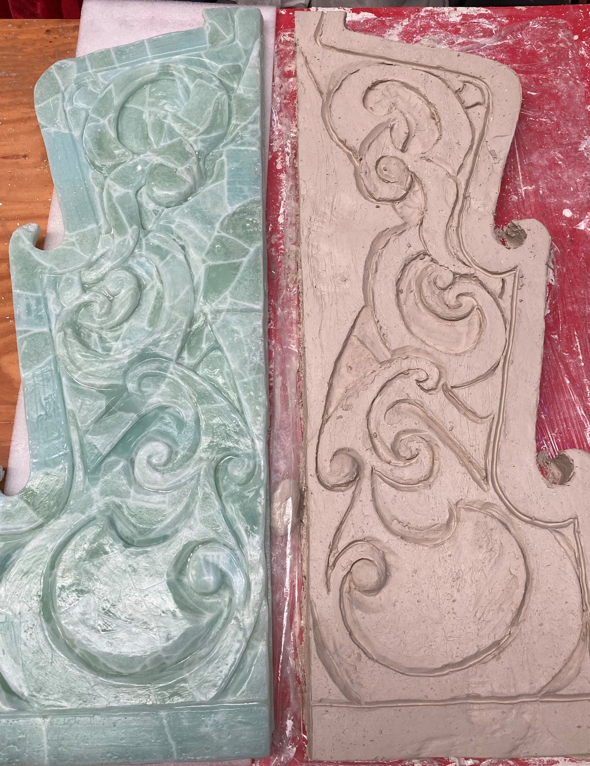 The left side of the image depicts a sculptural form made from green glass. On the right side of the image is the same form, but made out of clay.