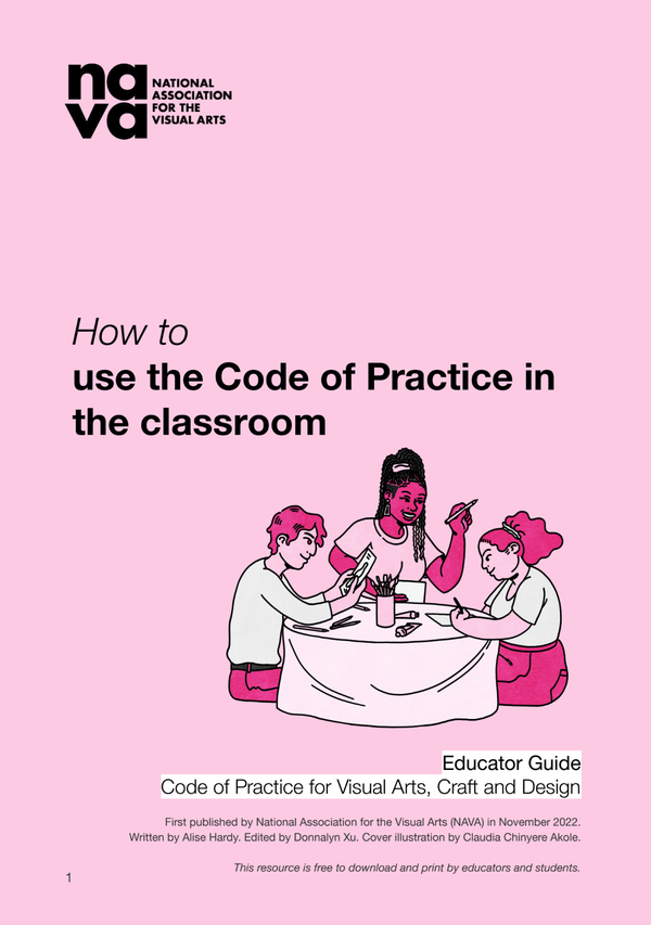 Front page of Educator Guide: How to use the Code of Practice in the classroom. The cover is pastel pink and includes an illustration by Claudia Chinyere Akole.