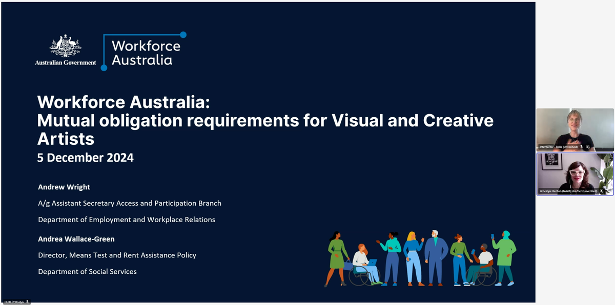 Webinar screenshot featuring a slide with a dark blue background displaying the title: “Workforce Australia: Mutual obligation requirements for Visual and Creative Artists” 5 December 2024. Below the title, the names and roles of two presenters are listed