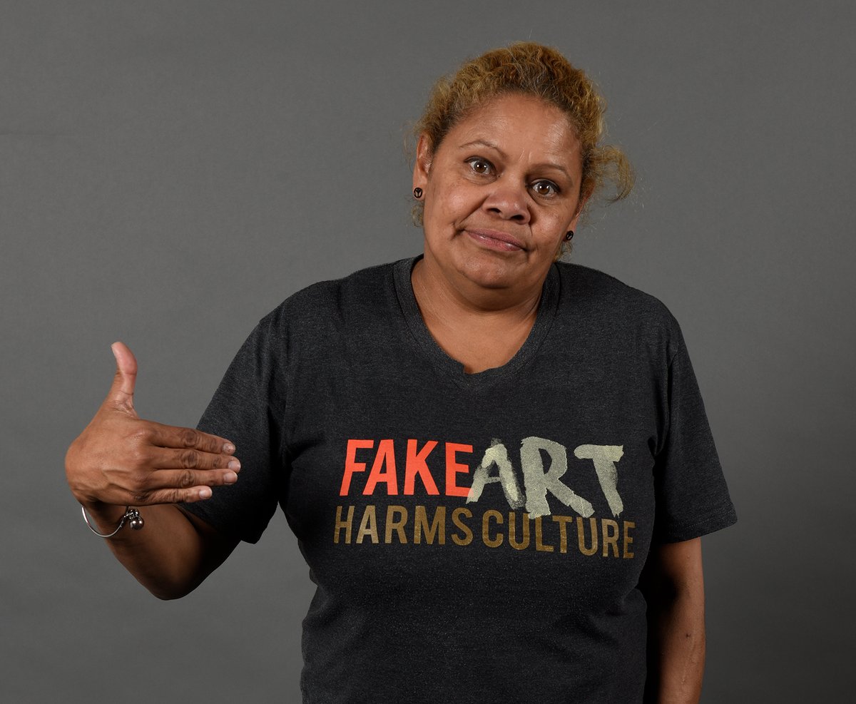 Bibi Barber, Artists in the Black, Arts Law Centre of Australia wearing a Fake Art Harms Culture shirt