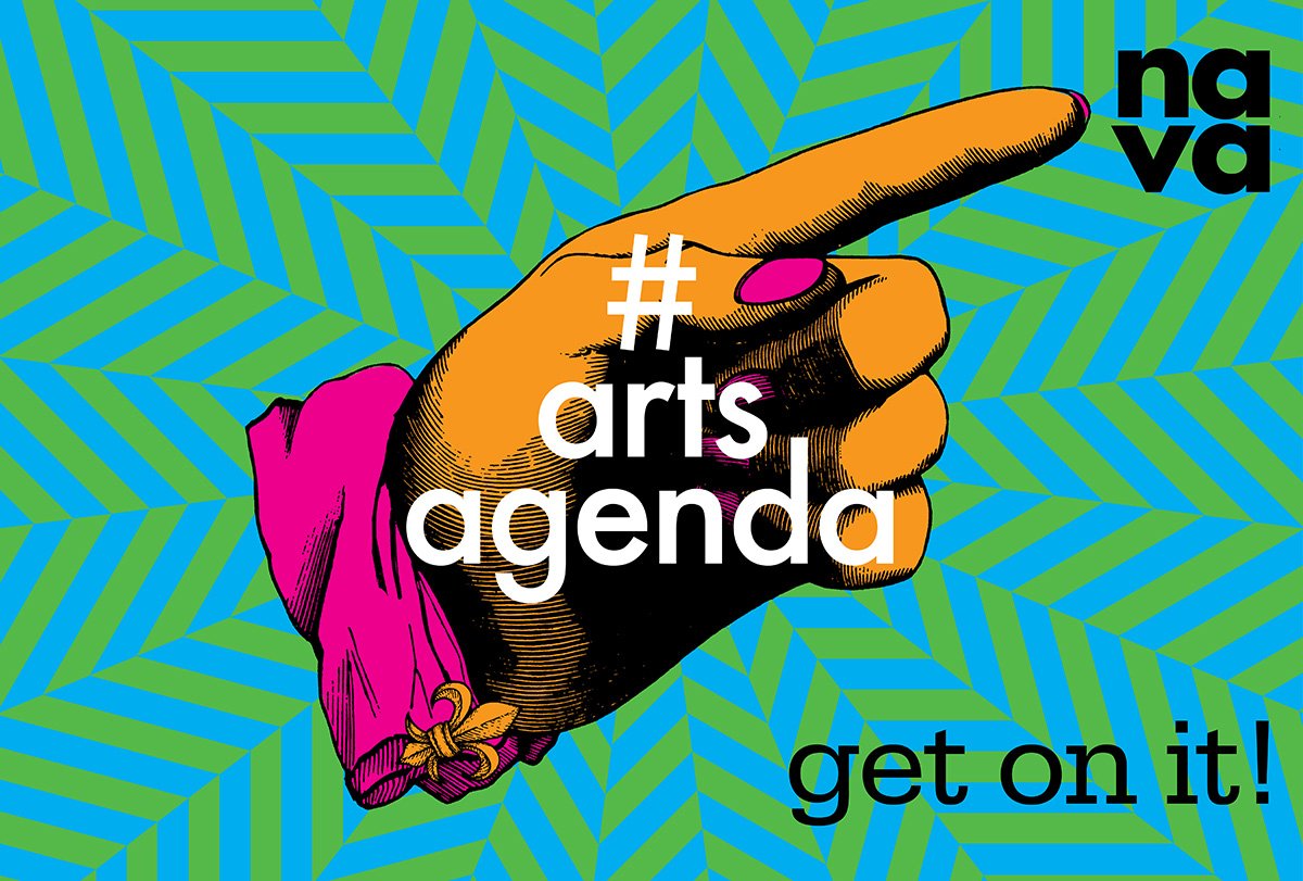 Graphic of pointing finger with white text #artsagenda get on it! with blue and green zigzag background