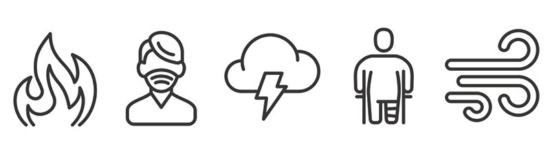 Five line drawn graphics in black on white background. The first one is a flame, next a person in a face-mask, a lightning cloud, a person on crutches with a broken leg, and a gust of wind.