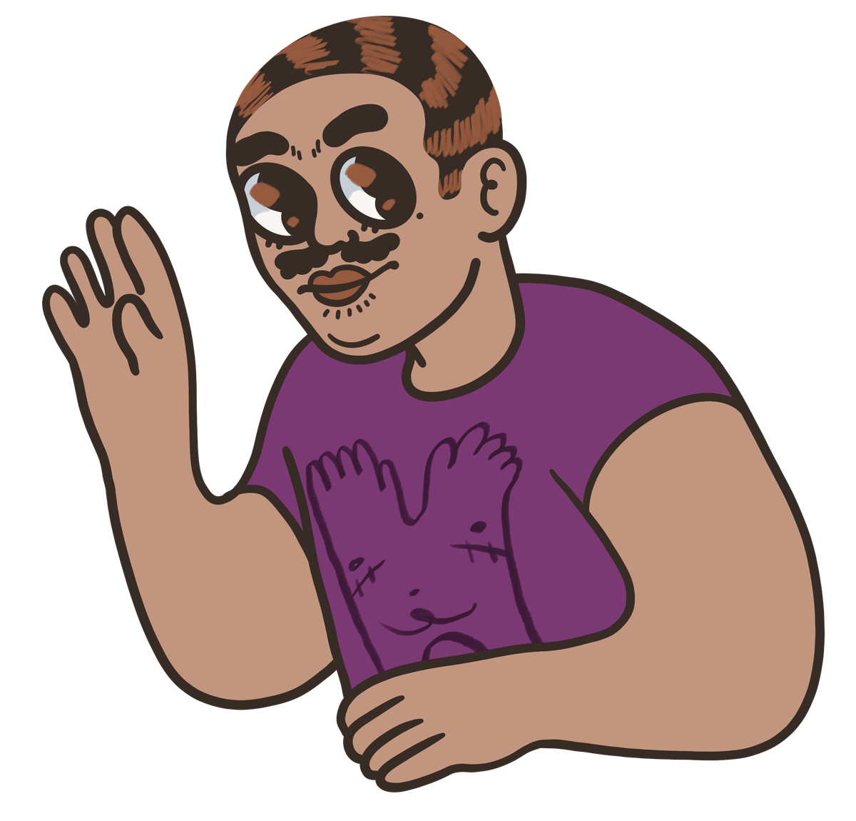 Illustrated self-portrait of Oliver, with short brown hair, wearing a purple shirt and waving. The style is cartoonish and bubbly.