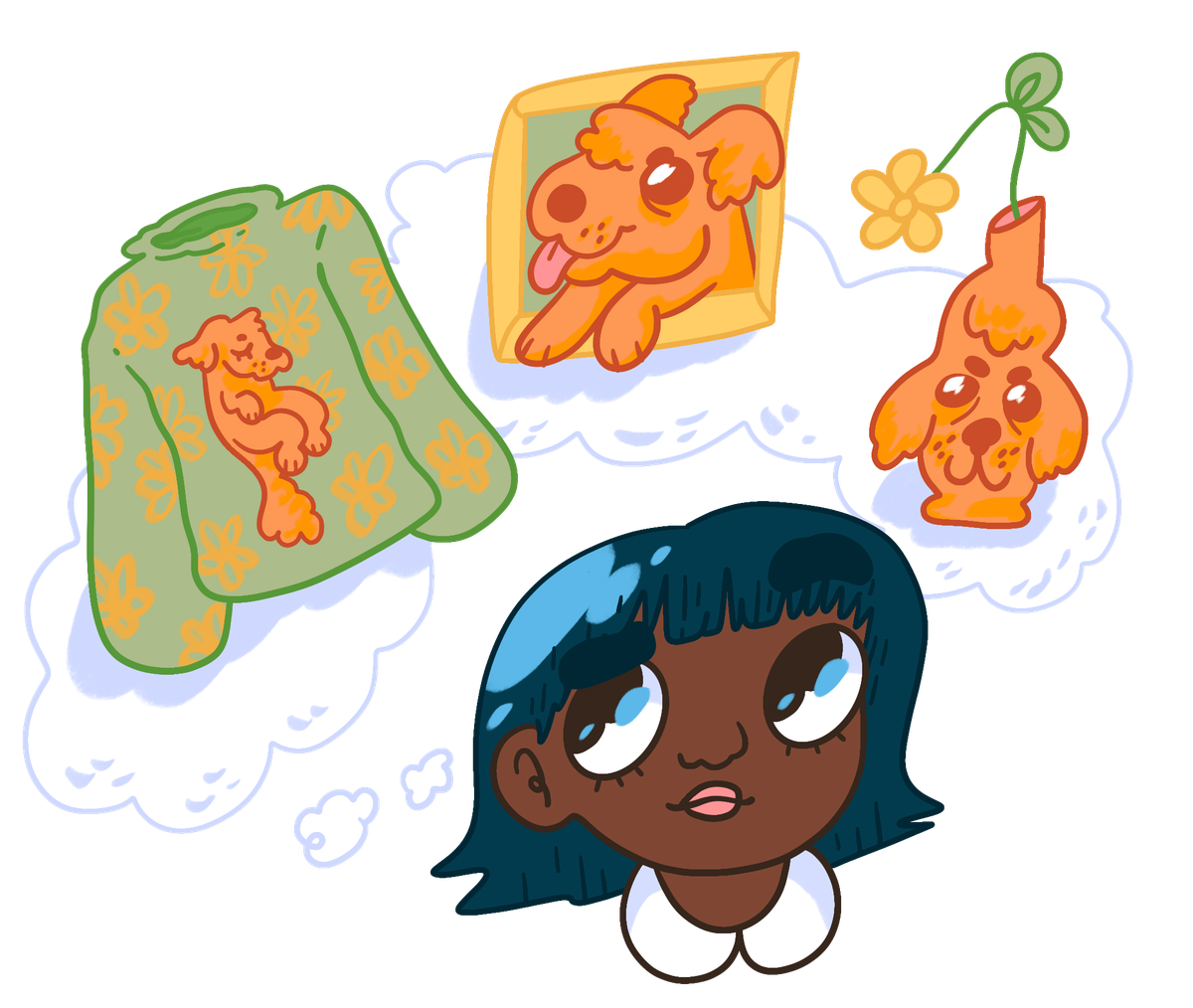 Colourful and bubbly illustrations of a person with brown skin and short black hair. They have a thought bubble filled with a green sweater with a dog on it, a dog in a photo frame, and a dog-shaped vase with a flower.
