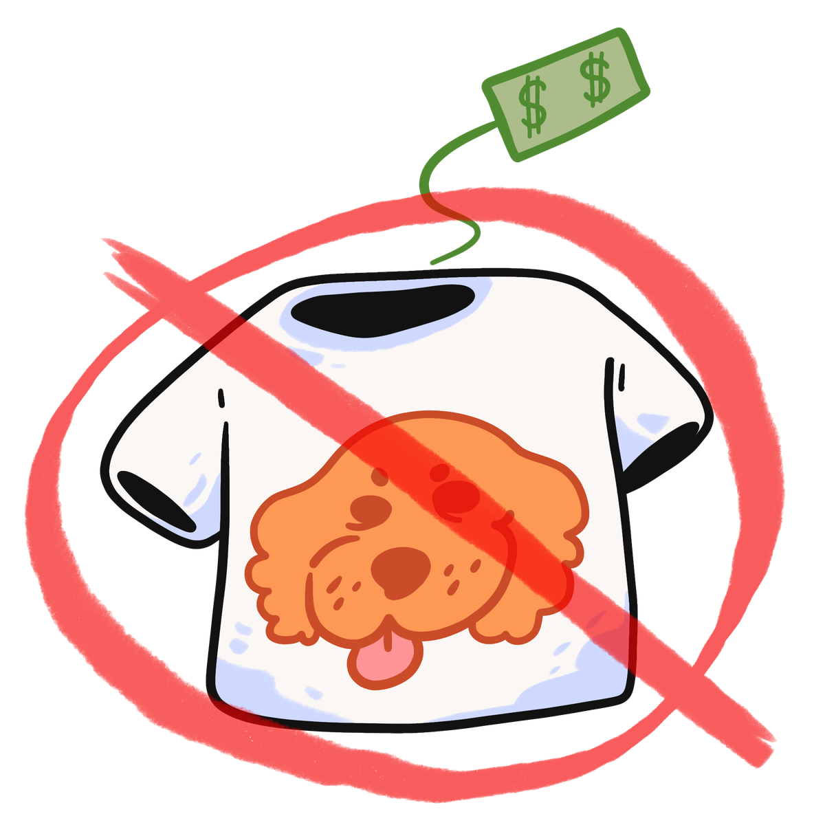 A cartoon illustration of a red cross over a white t-shirt featuring a dog on the front. A green price tag is attached to the shirt.
