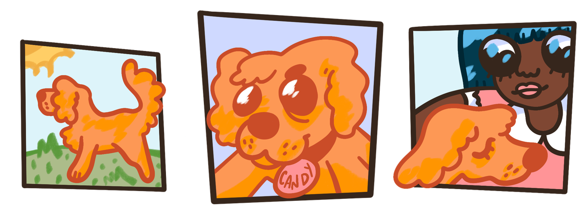 A cartoon illustration of three panels. The first is a dog outside in a park, the second is a portrait of a dog with a collar that says 'candy', and the third image shows a person with brown skin and dark hair leaning over a dog with its eyes closed. 