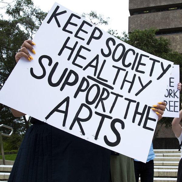 Protest sign - keep society heathy support the arts