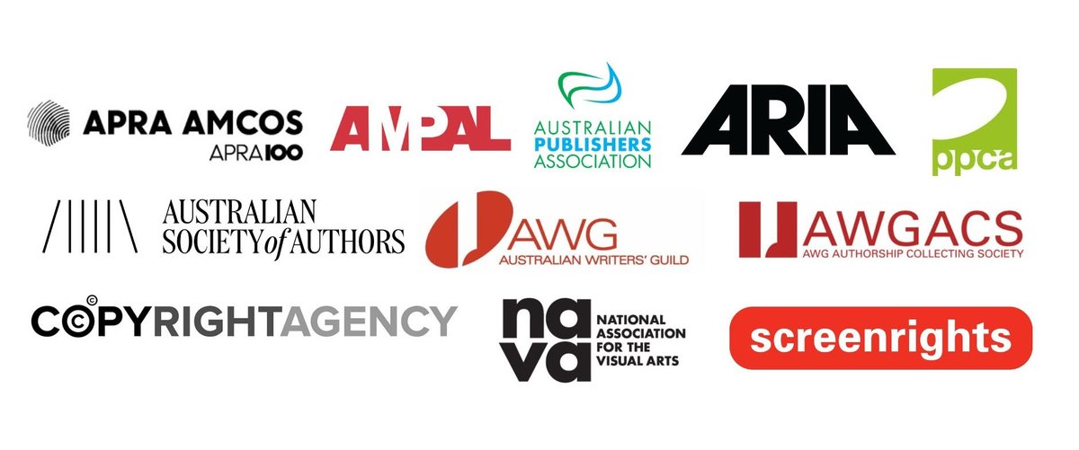 A number of logos from the following organisations AMPAL, APRA AMCOS, ARIA PPCA, Australian Publishers Association, Australian Society of Authors, Australian Writers' Guild, AWG Authorship Collecting Society, Copyright Agency, NAVA and Screenrights.