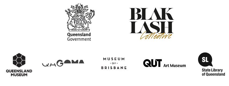 Funding Logos, Queensland Government, Blaklash, Queensland Museum, QAGOMA, Museum of Brisbane, QUT, State Library of Queensland.