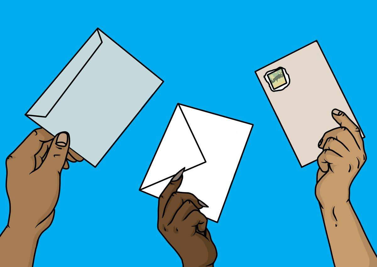 Illustration of three hands holding up sealed envelopes