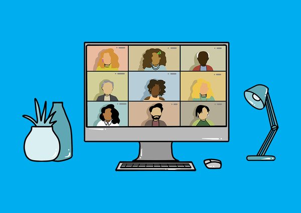 Illustration of nine faces in a Zoom meeting on a desktop computer, there is a desk lamp on the right and a pot plant and container of pens and pencils to the left of the screen. The graphic is on a bright blue background.