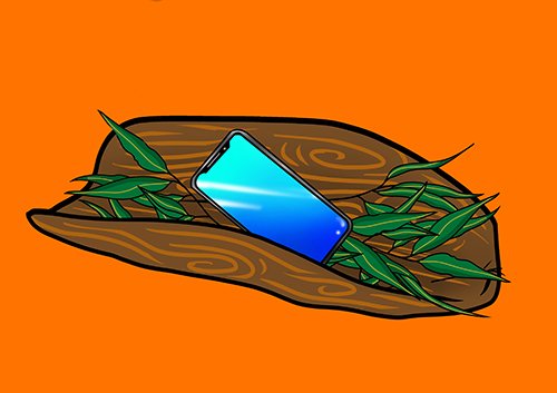 Illustration of a mobile phone wrapped in tree bark and gum leaves on orange background.